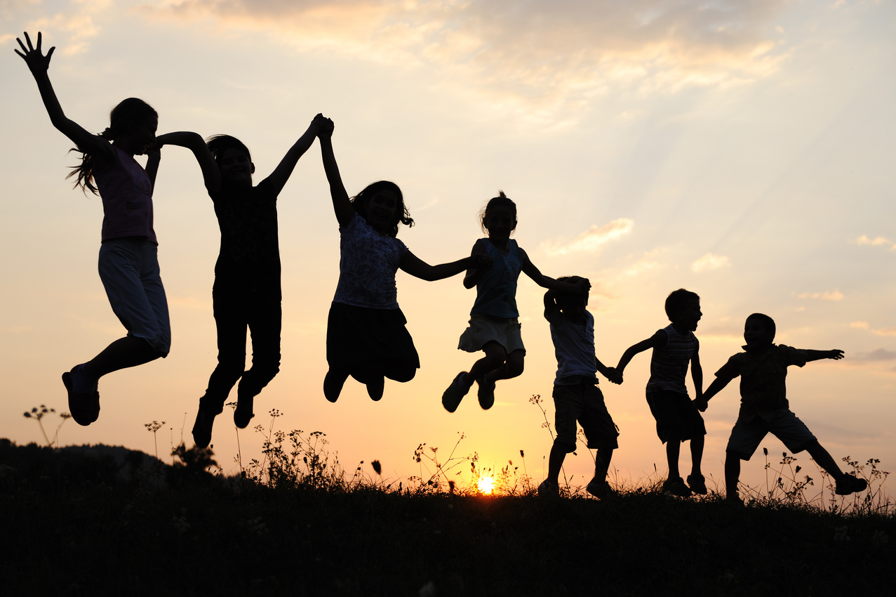 Silhouette, Group of Happy Children Playing